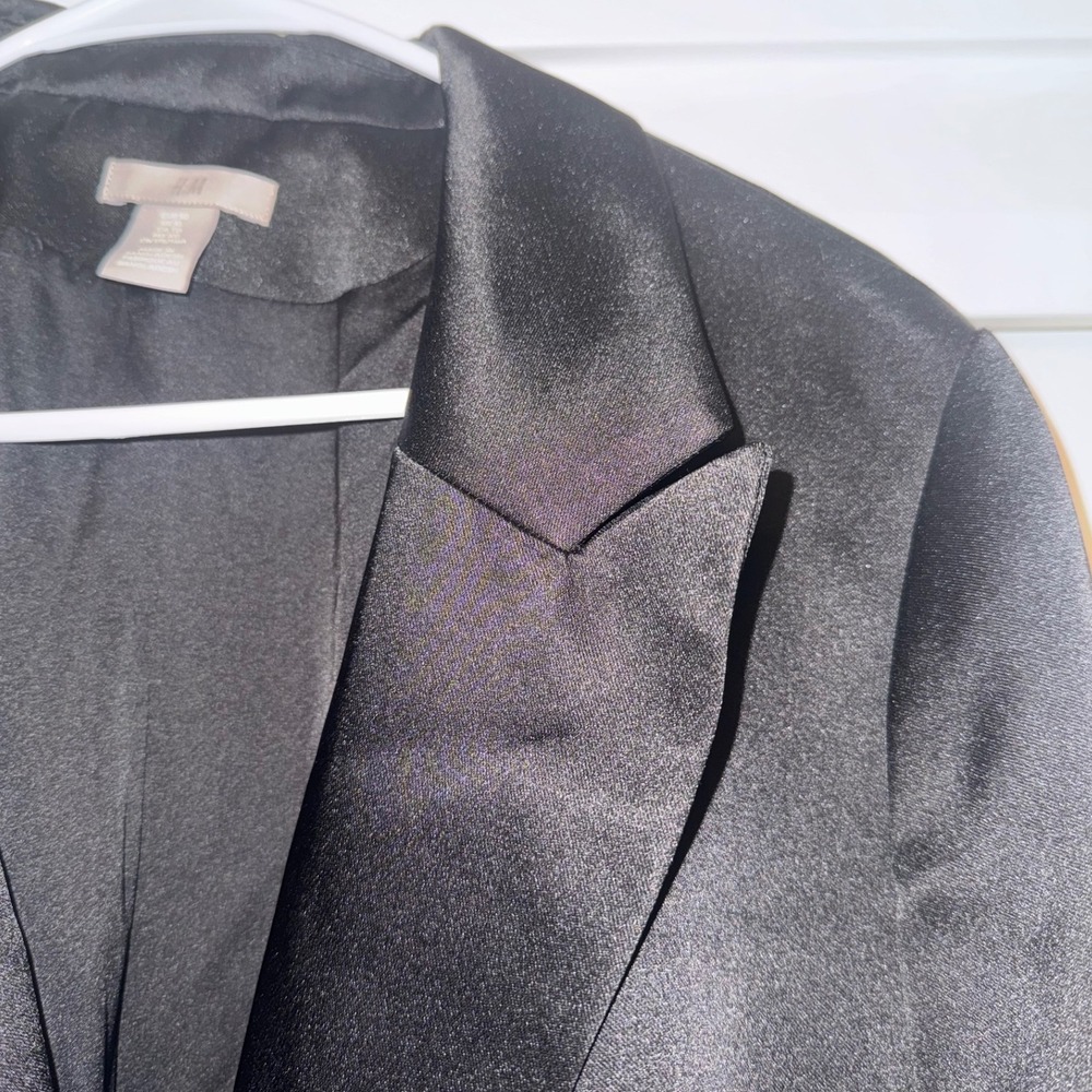 H&M sz XL Women Satin Double Breasted Black Lined Blazer Dress Career Party Chic - Picture 8 of 11
